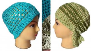 Вязание по-быстрому:бандана и шапочка крючком из льняной пряжи