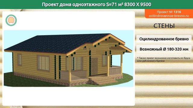 Проект дома № 1316 в один этаж 71 м2 8.3 X 9.5 из оцилиндрованного бревна смотреть онлайн