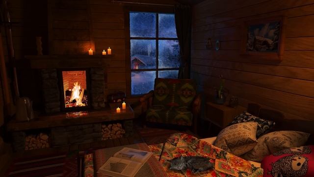 Deep Sleep in a Cozy Winter Hut and Cat | Blizzard sounds, Fireplace, Snowfall смотреть онлайн
