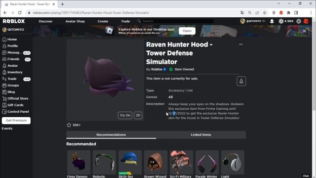 Você Tem Pouco Tempo Para Ganhar o item [Raven Hunter Hood - Tower Defense] Roblox Evento смотреть онлайн