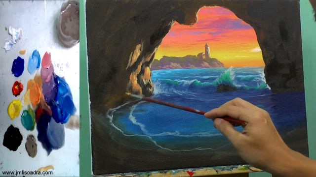 Step by Step Acrylic Painting Tutorial | Sunset on Beach Cave смотреть онлайн