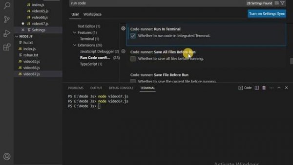 why output not show in terminal of Node Js in VS code problem Solution