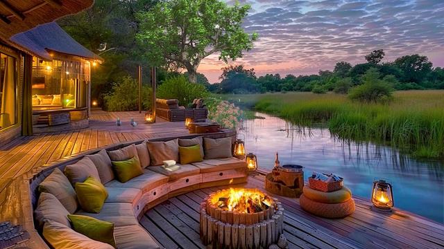Summer Quiet Safari Natural Scene With Relax Campfire Sounds + Chirping Bird Sounds   Forest Sounds