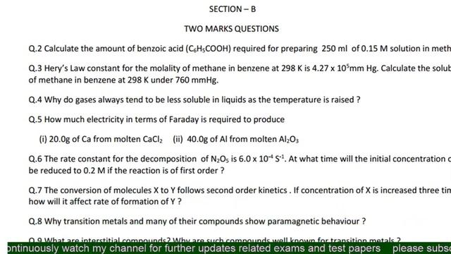 Chemistry September Model Test Papers  Class 12 (PSEB)