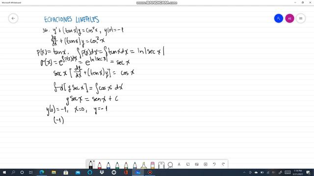 36. y'+(tan x)y=cos^2 x, y(0)=-1. Ecuaciones lineales. Alexander Estrada смотреть онлайн