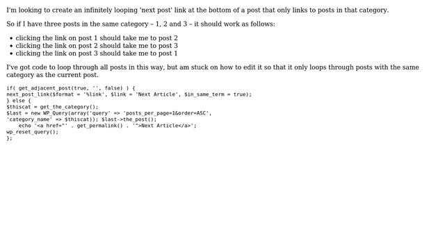 Wordpress: Infinite looping next post link within a certain category on a post смотреть онлайн