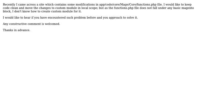 Magento: Override a function from app/code/core/Mage/Core/functions.php file into a Custom module смотреть онлайн