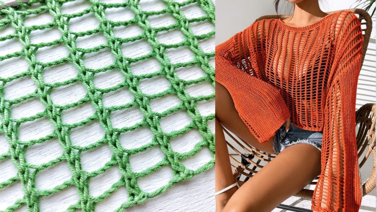 Очень крупная сетка спицами для вязания джемпера, туники, паутинки смотреть онлайн