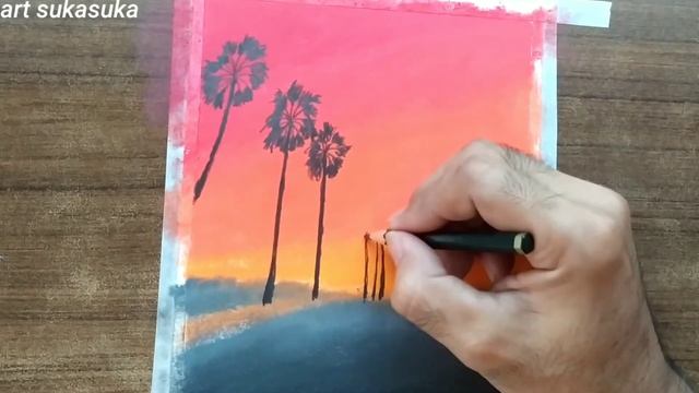 oil pastel drawing #72-menggambar pemandangan sore - palm dan jalan смотреть онлайн
