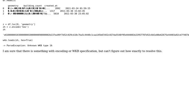 GIS: Parsing WKB with python geos: ParseException: Unknown WKB type 16 смотреть онлайн