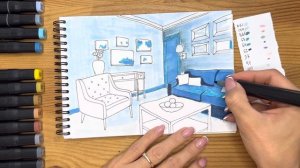 Как нарисовать интерьерный скетчинг маркерами | Рисунок для начинающих поэтапно и легко
