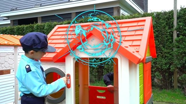 Police Jason Cleans up Toys Outside Kids Playhouse