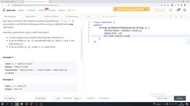 Minimum Remove to Make Valid Parentheses | Leetcode daily challenge смотреть онлайн