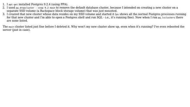 Why does `pg_lsclusters` not list my Postgres cluster? смотреть онлайн