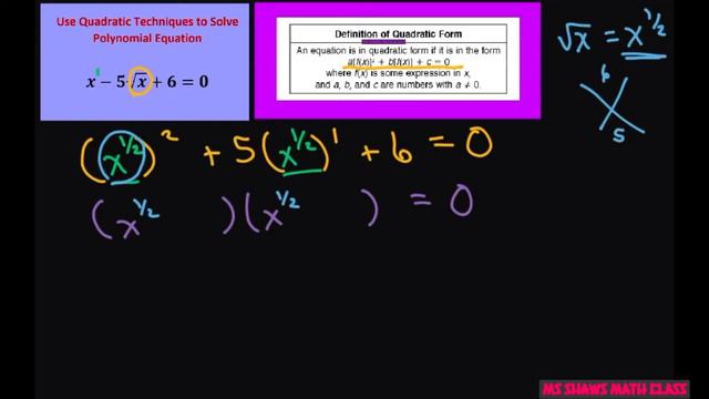 Use quadratic techniques to solve x- 5 sqrt(x) + 6 = 0. Factoring смотреть онлайн
