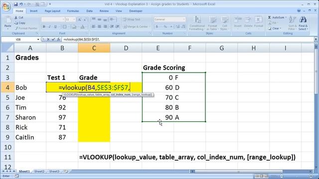 Excel Lookup/Search Tip 4 - Vlookup Explanation 3 - Vlookup to Assign Grades to Students смотреть онлайн