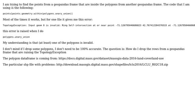 How to drop rows from a GeoPandas dataframe that are raising errors, in this case:... смотреть онлайн