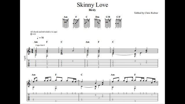 Birdy: Skinny Love with tablature/sheet music for solo fingerstyle guitar смотреть онлайн