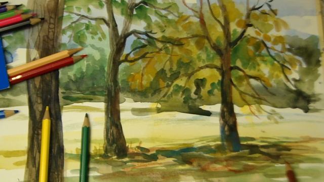 АКВАРЕЛЬНЫЕ карандаши ,Как ими рисовать? Пленэр, Летний пейзаж акварелью и карандашами смотреть онлайн