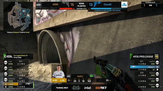 Xeppaa дефузит бомбу в ситуации 1на1 без китов, MIBR vs Cloud9, de_overpass, ESL Pro League Season1 смотреть онлайн