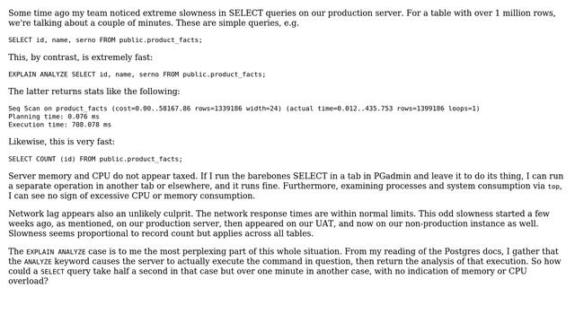 DevOps & SysAdmins: Postgres SELECT extremely slow, EXPLAIN ANALYZE SELECT not slow at all смотреть онлайн