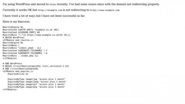 Webmasters: Wordpress example.com not redirecting to www.example.com htaccess