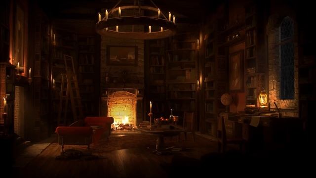 Ancient Library Room - Relaxing Thunder & Rain Sounds, Crackling Fireplace for Sleeping for Study смотреть онлайн