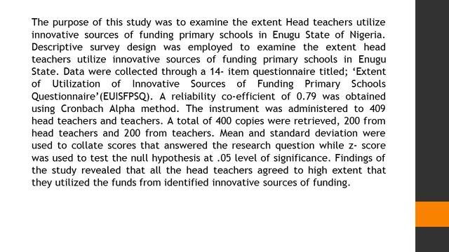 Extent of Head Teachers’ Utilization of Innovative Sources of Funding Primary Schools in Enugu Stat смотреть онлайн