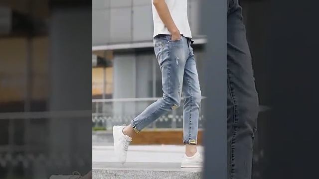 Men Ripped Patch Light Blue Jeans Korean Style Jean Slim Fit Stretch Denim Ankle Length Pants смотреть онлайн