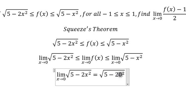 Calculus: If √(5-2x^2 )≤f(x)≤√(5-x^2 ) ,for all-1≤x≤1,find lim(x→0) (f(x)-1)/2 - Squeeze's Theore смотреть онлайн