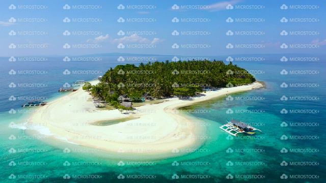 The island of white sand on a large atoll, view from above. Tropical island with palm trees смотреть онлайн