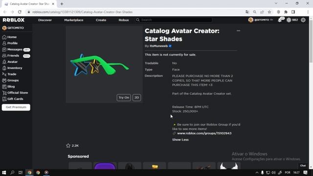 Limited Grátis Agora às..250K Cópias [Catalog Avatar Creator: Star Shades] Roblox Limited UGC Gráti смотреть онлайн
