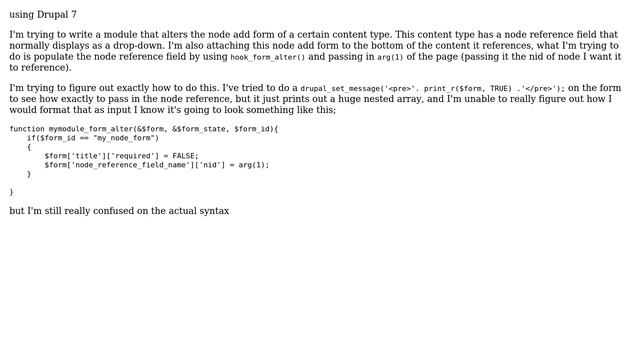 Drupal: Passing a node refernce id to a form via hook_form_alter() смотреть онлайн