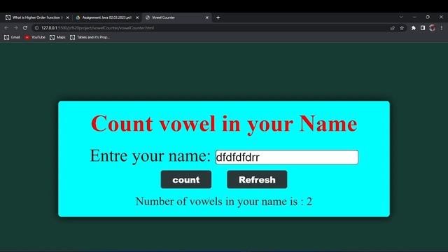 assignment question 6 || find vowel in you name using html css and javascript || vowel counter смотреть онлайн