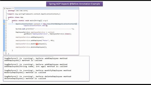Spring AOP AspectJ @Before Annotation Example [Apply to multiple methods] | Spring Tutorial смотреть онлайн