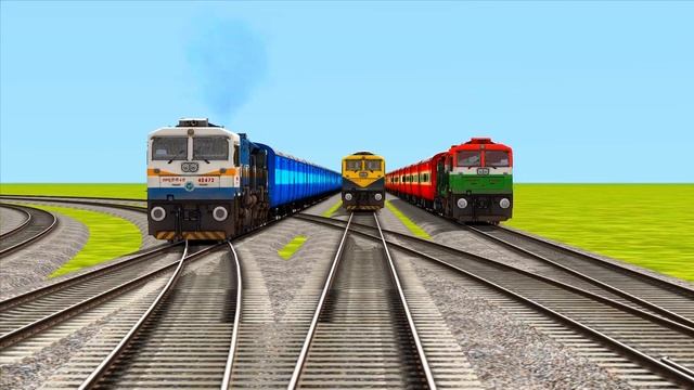 6 COLORFUL DIESEL TRAINS CROSSING ON BUMPY FORKED RAILROAD CROSSING-Indian Railways-Train Simulator