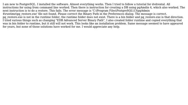 Cannot do a restore using PgAdmin4 after a new install of PostgreSQL - pg_restore.exe file not... смотреть онлайн