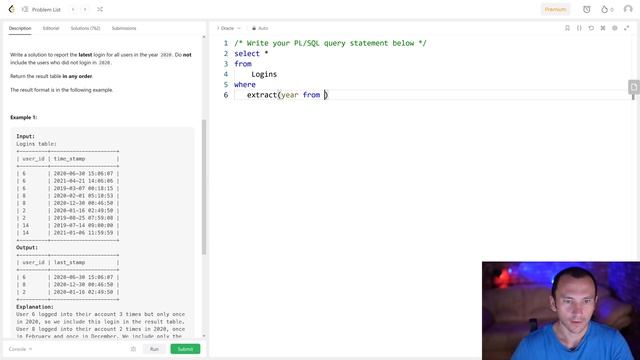 Решение задачи «1890. The Latest Login in 2020» на SQL с сайта leetcode.com смотреть онлайн
