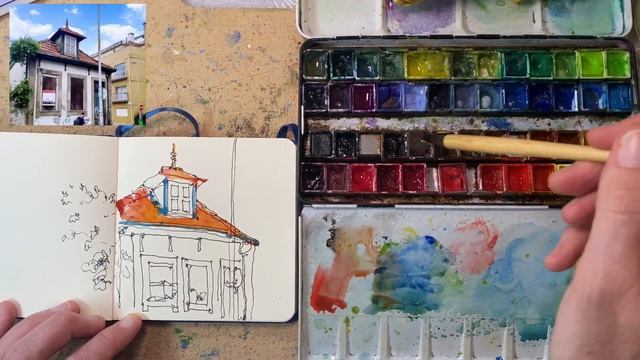 Urban Sketching in ink and watercolor - Quick architecture house sketch - Line ink drawing and wash смотреть онлайн