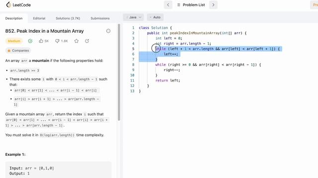 Leetcode | 852. Peak Index in a Mountain Array | Medium | Java Solution [2 Solutions] смотреть онлайн