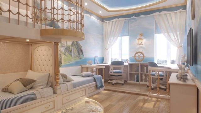 Дизайн детской комнаты для двоих детей «Королевский фрегат» Детская в морском стиле смотреть онлайн