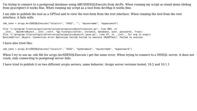 GIS: Connect to postgresql using ARCSDESQLExecute смотреть онлайн