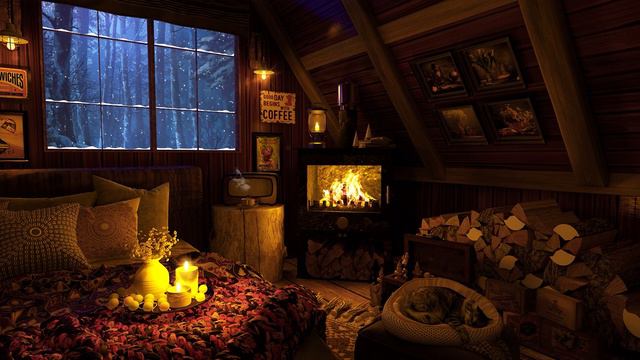 Cozy Winter Hut Ambience With Cat - Snowstorm And Crackling Fireplace Sounds