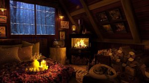 Cozy Winter Hut Ambience with Cat - Snowstorm and Crackling Fireplace Sounds