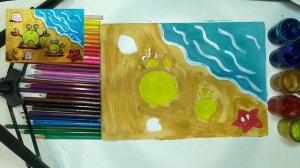 Рисуем море, морской пейзаж для детей. Как нарисовать краба, морскую звезду красками.