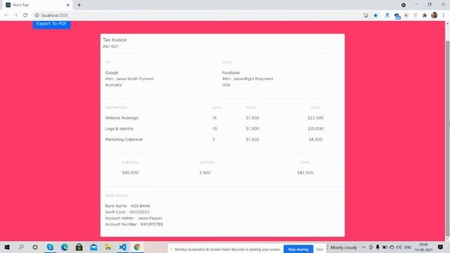 Reactjs Create Invoice Template and Export to PDF Working Demo смотреть онлайн