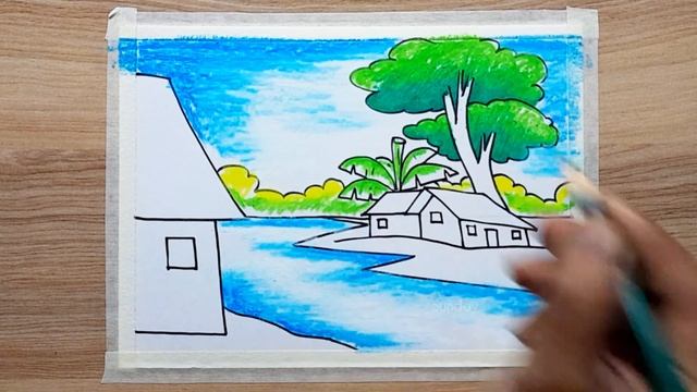 how to draw a village scenery drawing-most easy steps/landscape drawing/scenery drawing смотреть онлайн
