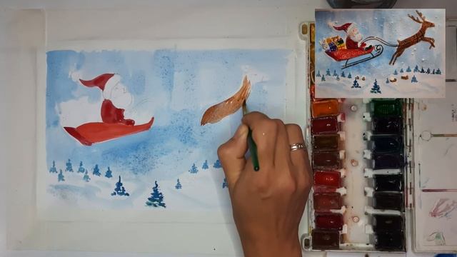 Новогодний рисунок как нарисовать Деда Мороза, сани, оленя, подарки смотреть онлайн