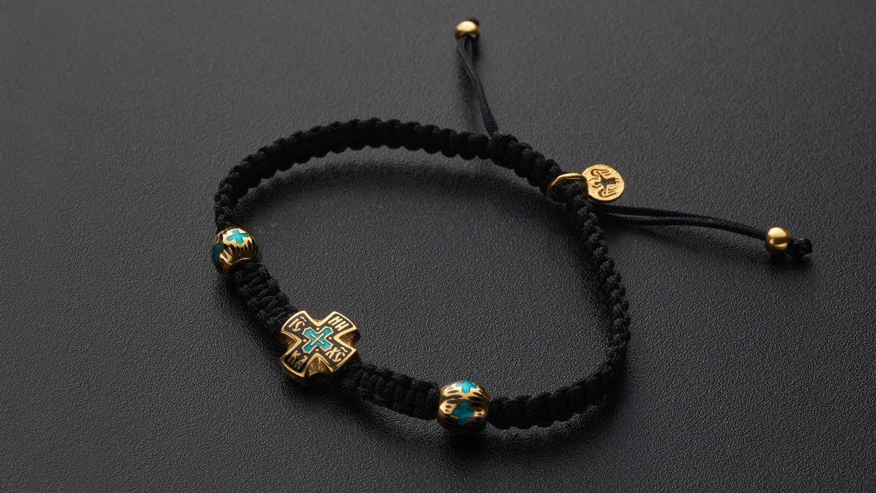 Православный браслет из текстиля с крестиком из серебра с эмалью