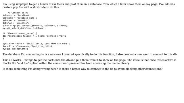 Wordpress: Using custom php to connect to database blocks wp from accessing galery pictures смотреть онлайн